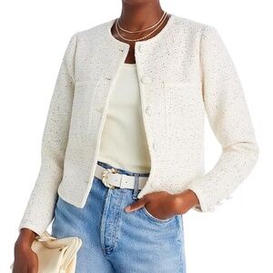 NEW! Bloomingdale's AQUA Sequined Tweed Boxy Jacket Ivory White Gold Sz XS $128